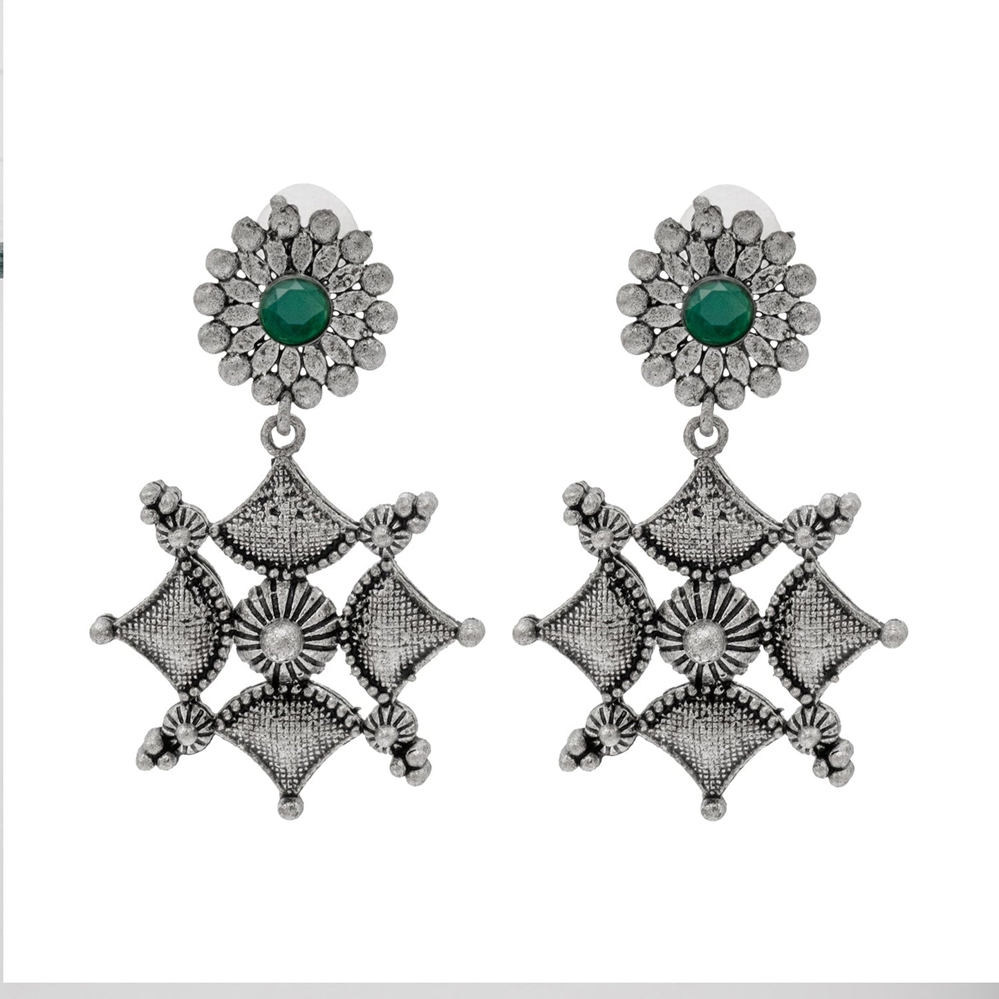 Shining Jewel Traditional Indian Matte Antique Oxidised Silver CZ, Crystal Studded Drop Earring For Women - Green (SJE_227_G)