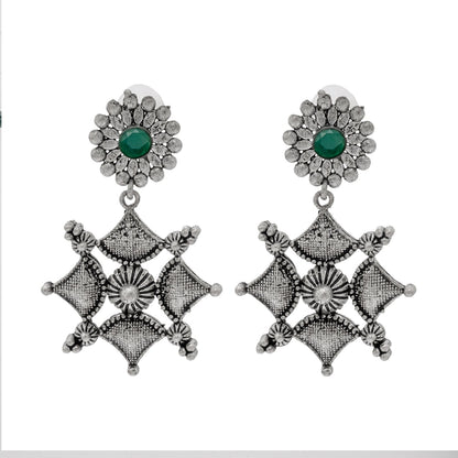 Shining Jewel Traditional Indian Matte Antique Oxidised Silver CZ, Crystal Studded Drop Earring For Women - Green (SJE_227_G)