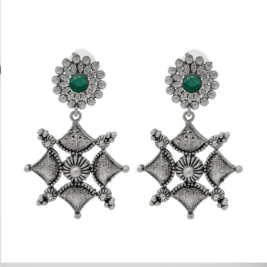 Shining Jewel Traditional Indian Matte Antique Oxidised Silver CZ, Crystal Studded Drop Earring For Women - Green (SJE_227_G)