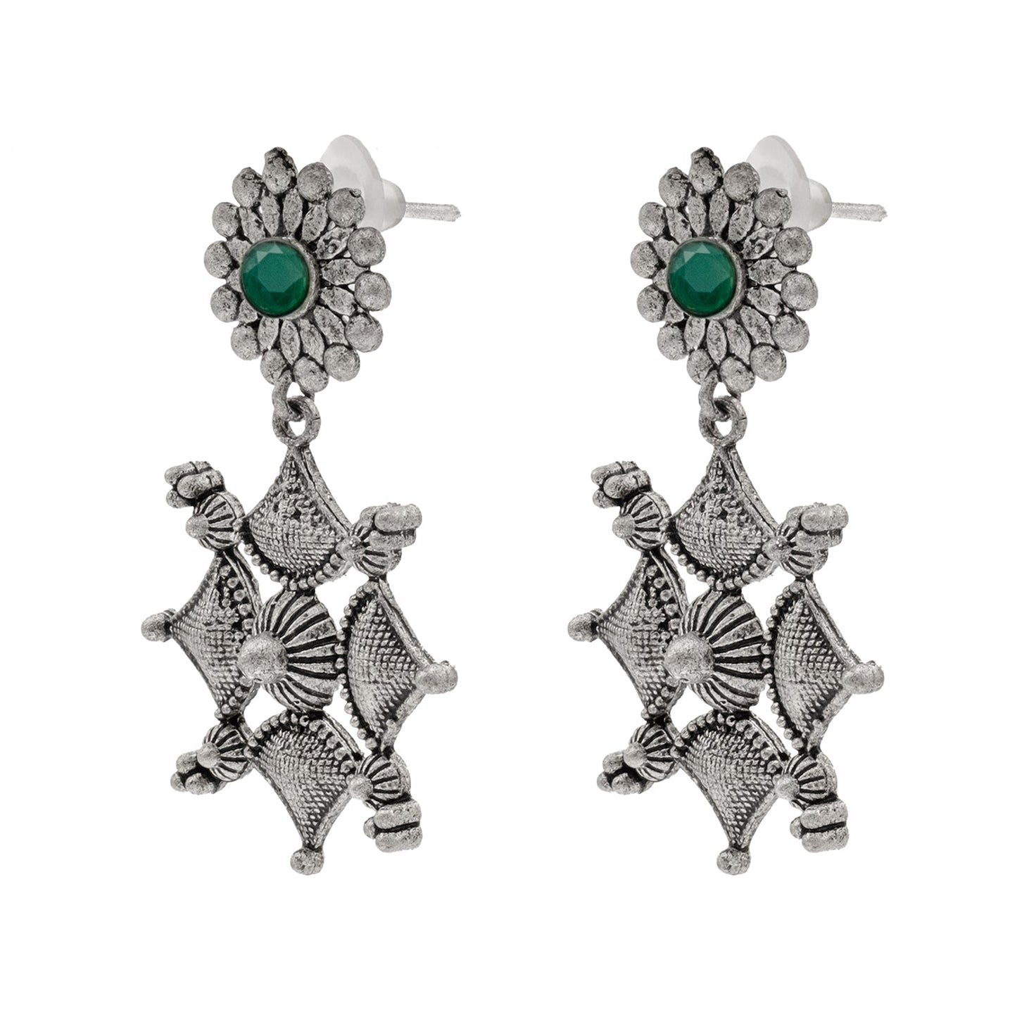Shining Jewel Traditional Indian Matte Antique Oxidised Silver CZ, Crystal Studded Drop Earring For Women - Green (SJE_227_G)