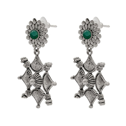 Shining Jewel Traditional Indian Matte Antique Oxidised Silver CZ, Crystal Studded Drop Earring For Women - Green (SJE_227_G)