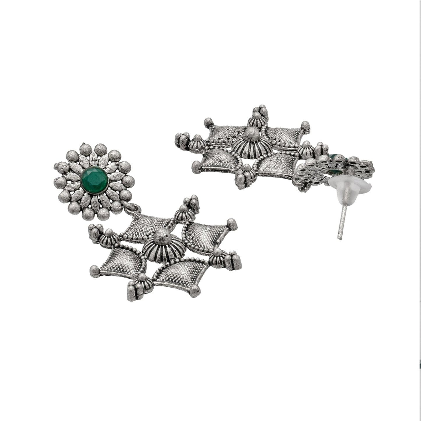 Shining Jewel Traditional Indian Matte Antique Oxidised Silver CZ, Crystal Studded Drop Earring For Women - Green (SJE_227_G)