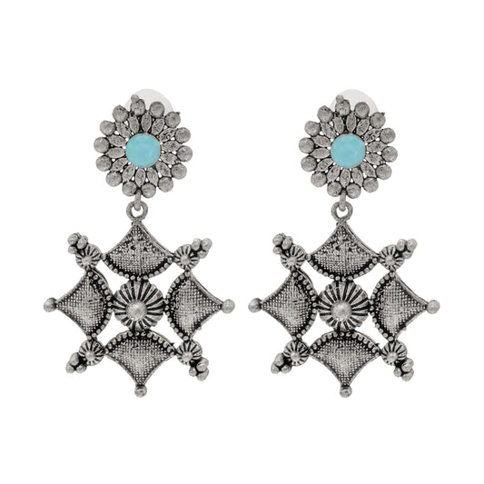 Shining Jewel Traditional Indian Matte Antique Oxidised Silver CZ, Crystal Studded Drop Earring For Women - Turquoise (SJE_227_AQ)