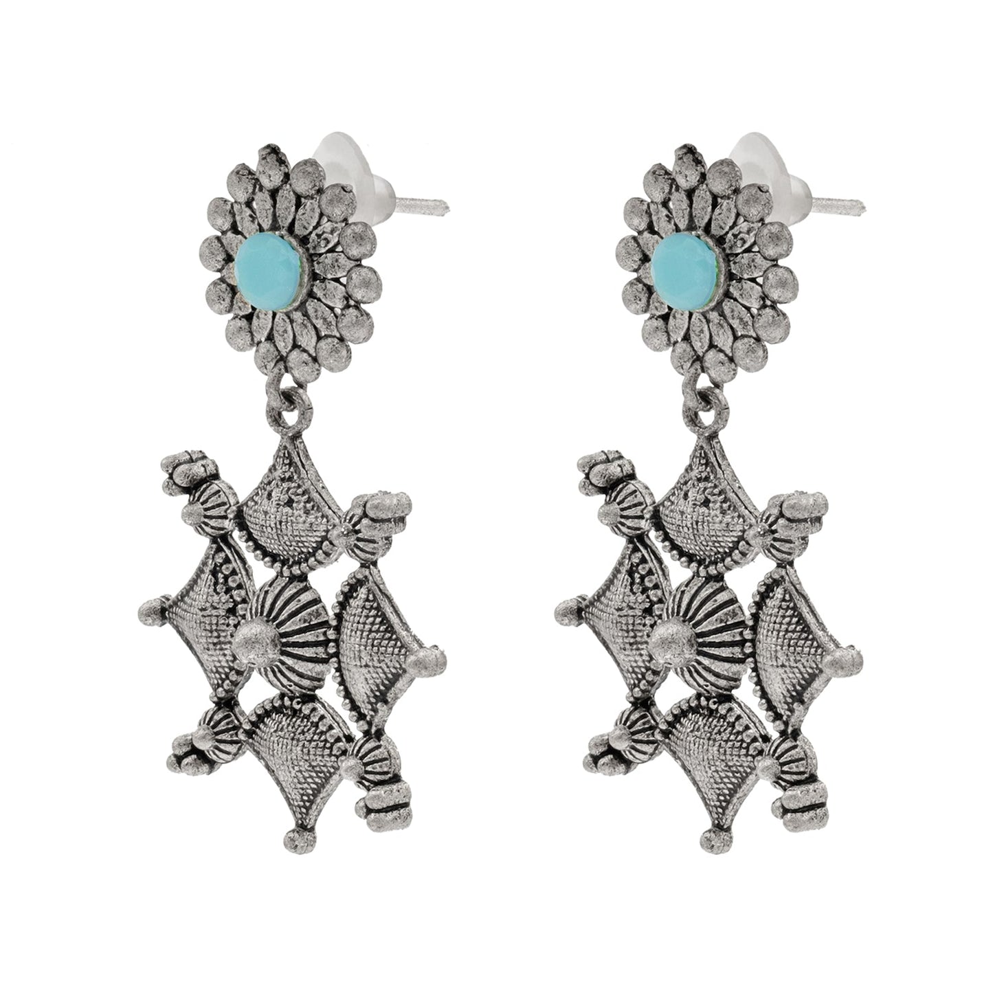Shining Jewel Traditional Indian Matte Antique Oxidised Silver CZ, Crystal Studded Drop Earring For Women - Turquoise (SJE_227_AQ)