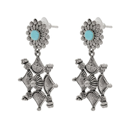 Shining Jewel Traditional Indian Matte Antique Oxidised Silver CZ, Crystal Studded Drop Earring For Women - Turquoise (SJE_227_AQ)