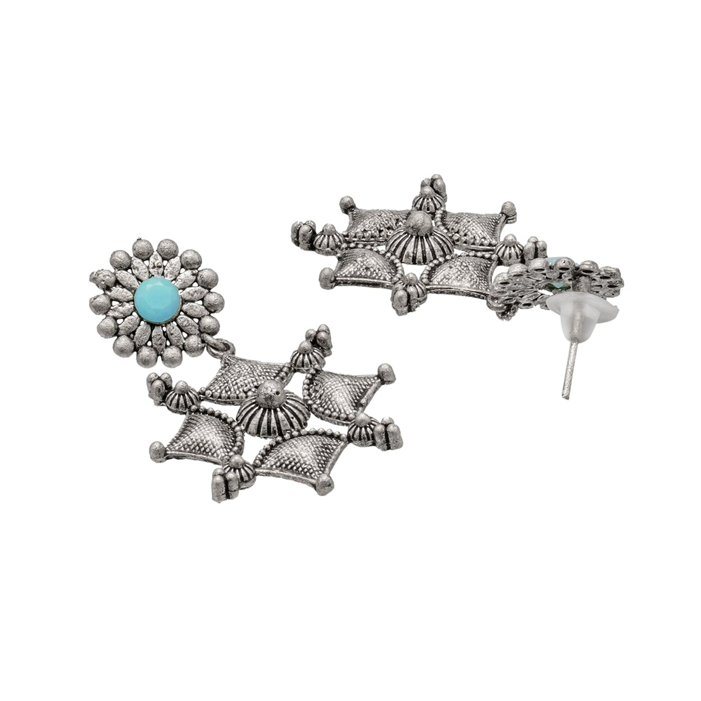 Shining Jewel Traditional Indian Matte Antique Oxidised Silver CZ, Crystal Studded Drop Earring For Women - Turquoise (SJE_227_AQ)