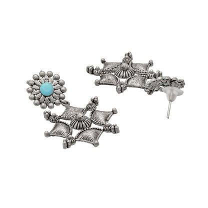 Shining Jewel Traditional Indian Matte Antique Oxidised Silver CZ, Crystal Studded Drop Earring For Women - Turquoise (SJE_227_AQ)