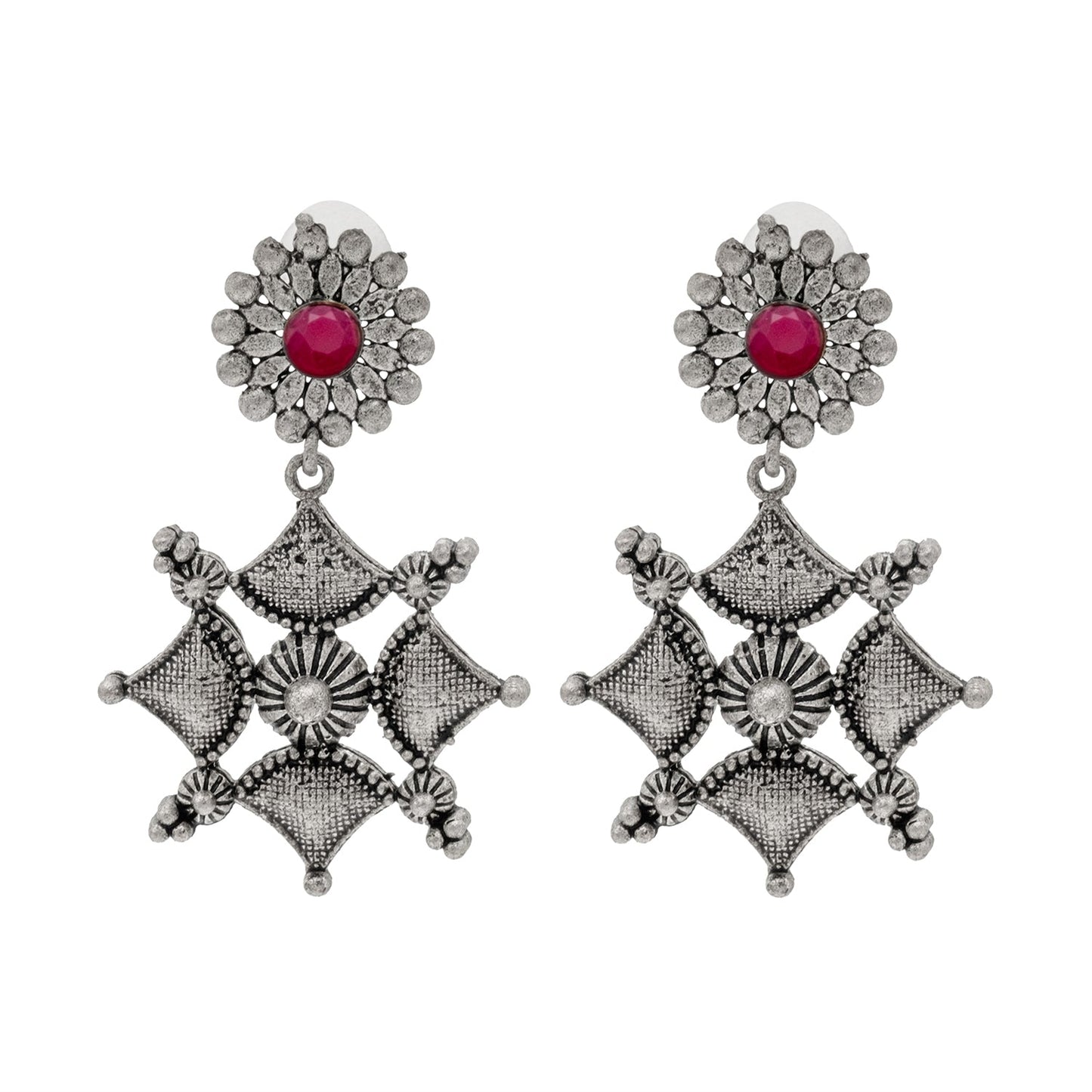 Shining Jewel Traditional Indian Matte Antique Oxidised Silver CZ, Crystal Studded Drop Earring For Women - Maroon (SJE_227_M)