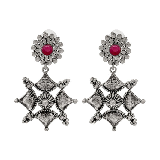 Shining Jewel Traditional Indian Matte Antique Oxidised Silver CZ, Crystal Studded Drop Earring For Women - Maroon (SJE_226_M)