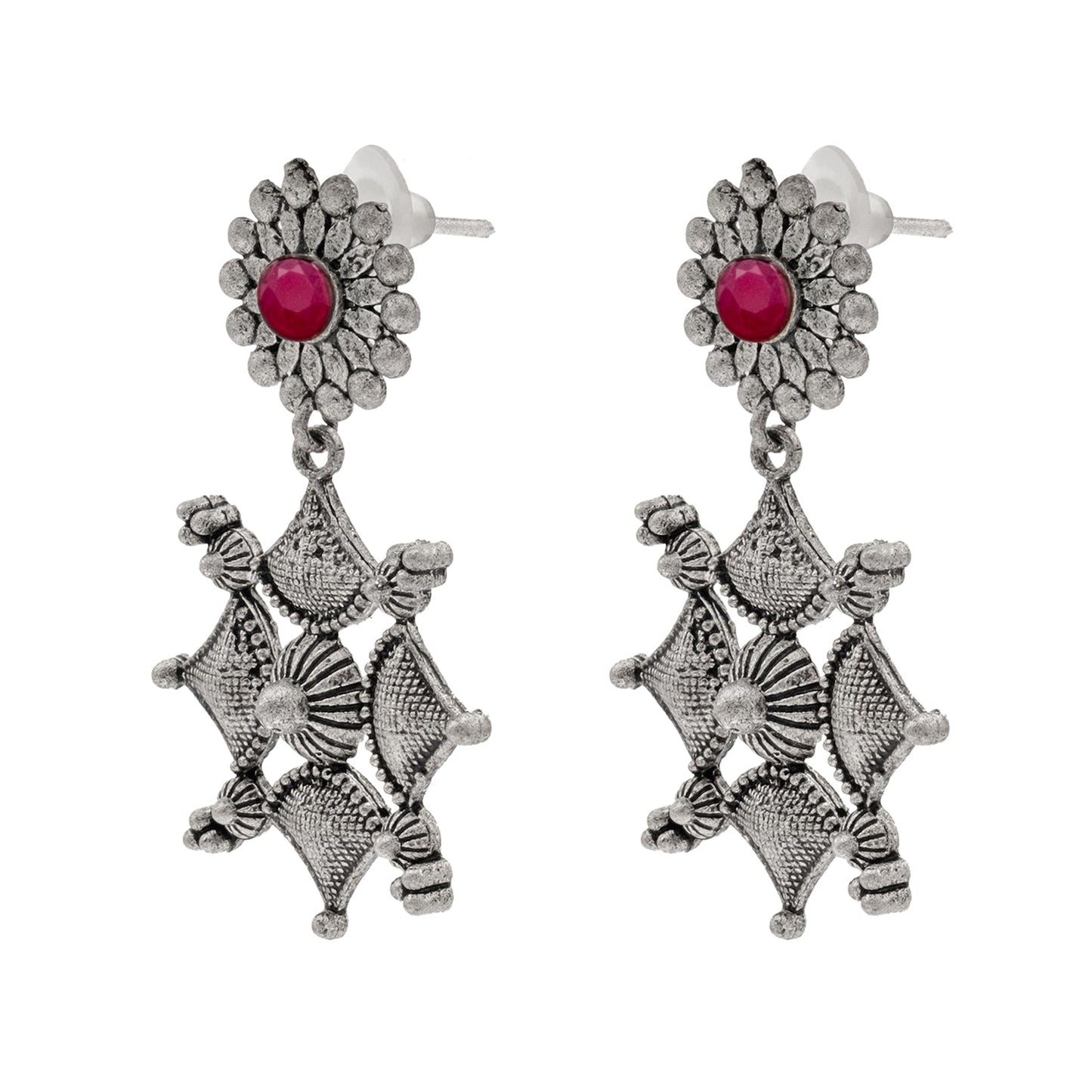Shining Jewel Traditional Indian Matte Antique Oxidised Silver CZ, Crystal Studded Drop Earring For Women - Maroon (SJE_226_M)