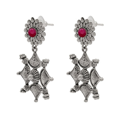 Shining Jewel Traditional Indian Matte Antique Oxidised Silver CZ, Crystal Studded Drop Earring For Women - Maroon (SJE_227_M)