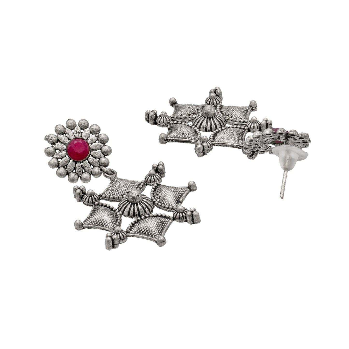 Shining Jewel Traditional Indian Matte Antique Oxidised Silver CZ, Crystal Studded Drop Earring For Women - Maroon (SJE_227_M)