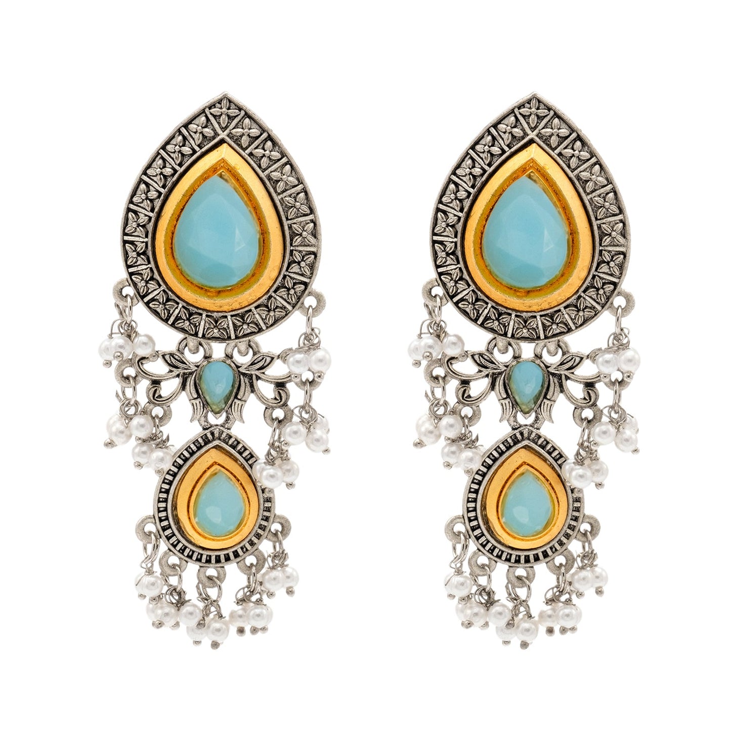 Shining Jewel Traditional Indian Matte Antique Oxidised Silver CZ, Crystal Studded Drop Earring For Women - Turquoise (SJE_228_AQ)
