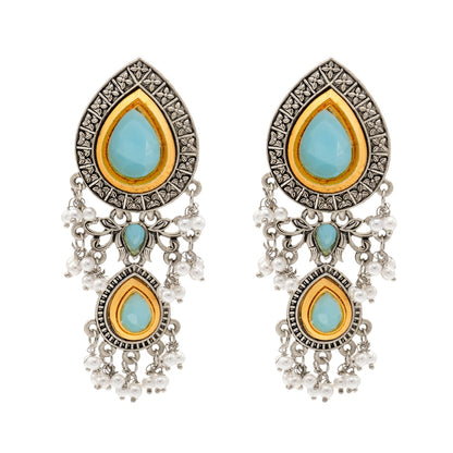 Shining Jewel Traditional Indian Matte Antique Oxidised Silver CZ, Crystal Studded Drop Earring For Women - Turquoise (SJE_228_AQ)