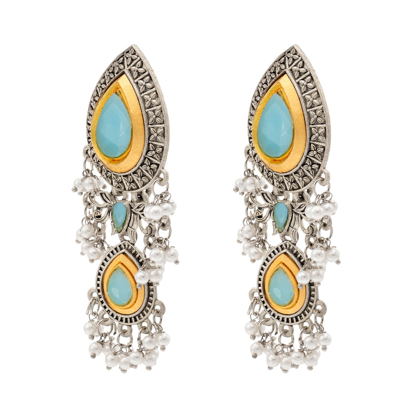 Shining Jewel Traditional Indian Matte Antique Oxidised Silver CZ, Crystal Studded Drop Earring For Women - Turquoise (SJE_228_AQ)