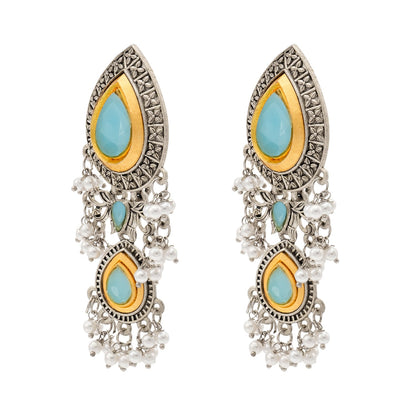 Shining Jewel Traditional Indian Matte Antique Oxidised Silver CZ, Crystal Studded Drop Earring For Women - Turquoise (SJE_228_AQ)
