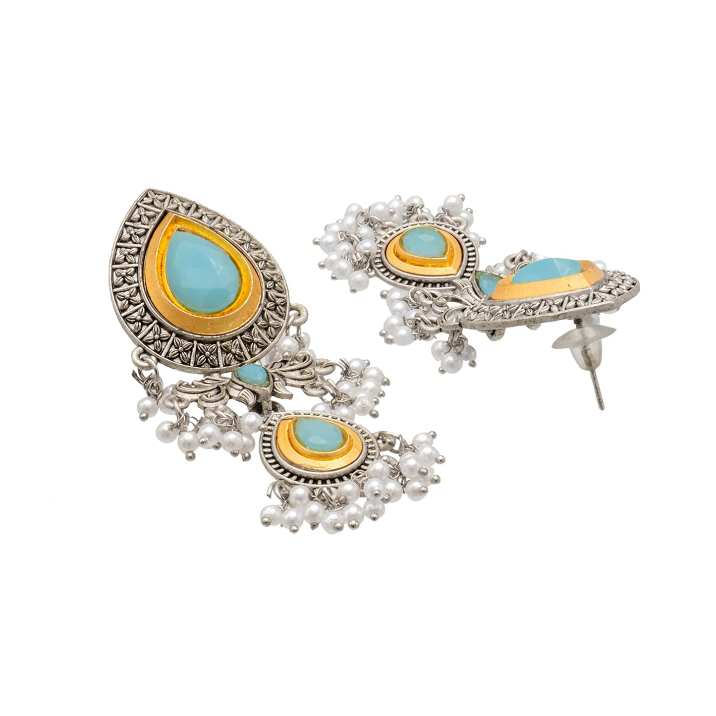 Shining Jewel Traditional Indian Matte Antique Oxidised Silver CZ, Crystal Studded Drop Earring For Women - Turquoise (SJE_228_AQ)