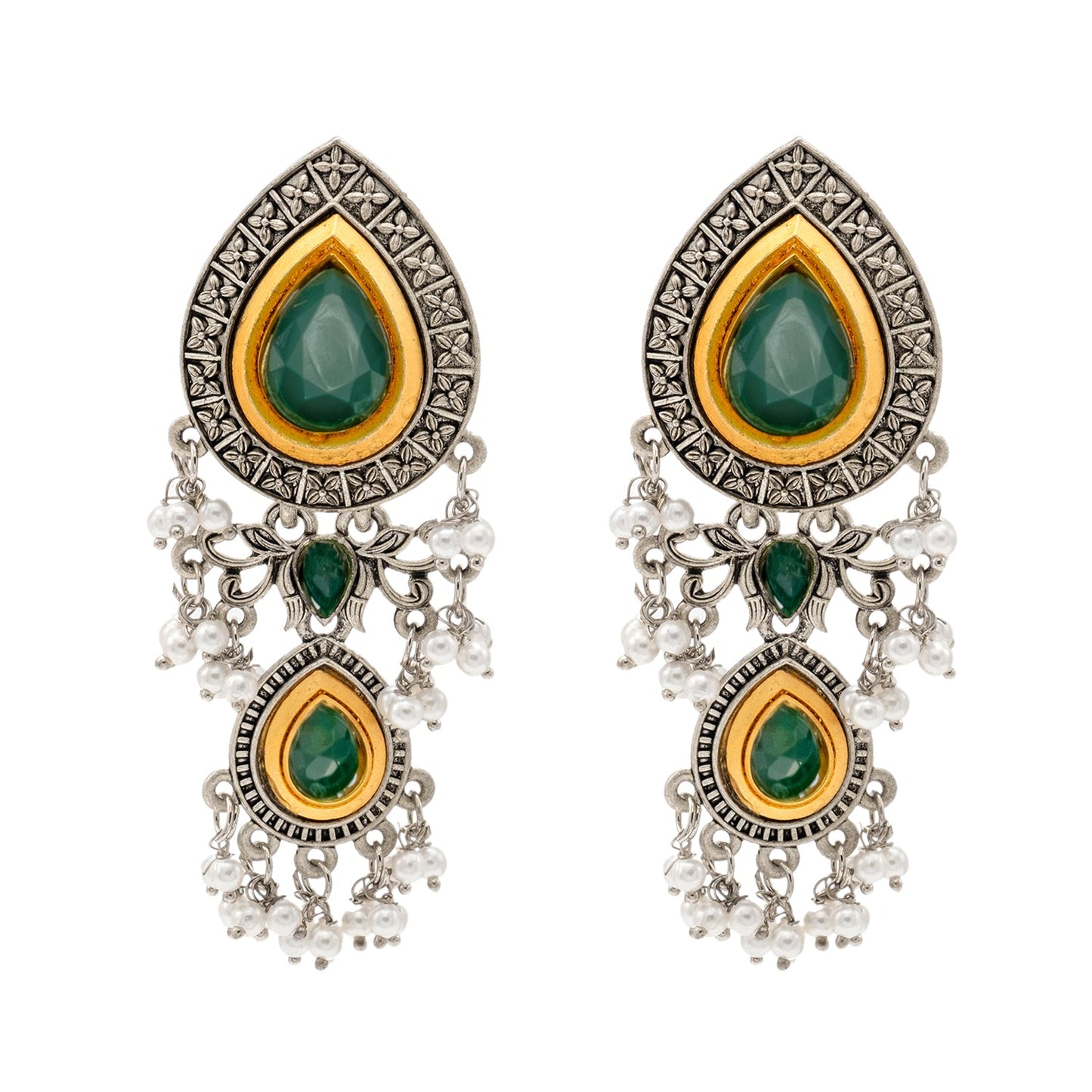 Shining Jewel Traditional Indian Matte Antique Oxidised Silver CZ, Crystal Studded Drop Earring For Women - Green (SJE_228_G)
