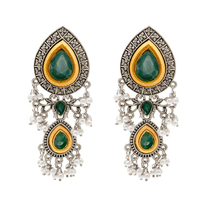 Shining Jewel Traditional Indian Matte Antique Oxidised Silver CZ, Crystal Studded Drop Earring For Women - Green (SJE_228_G)