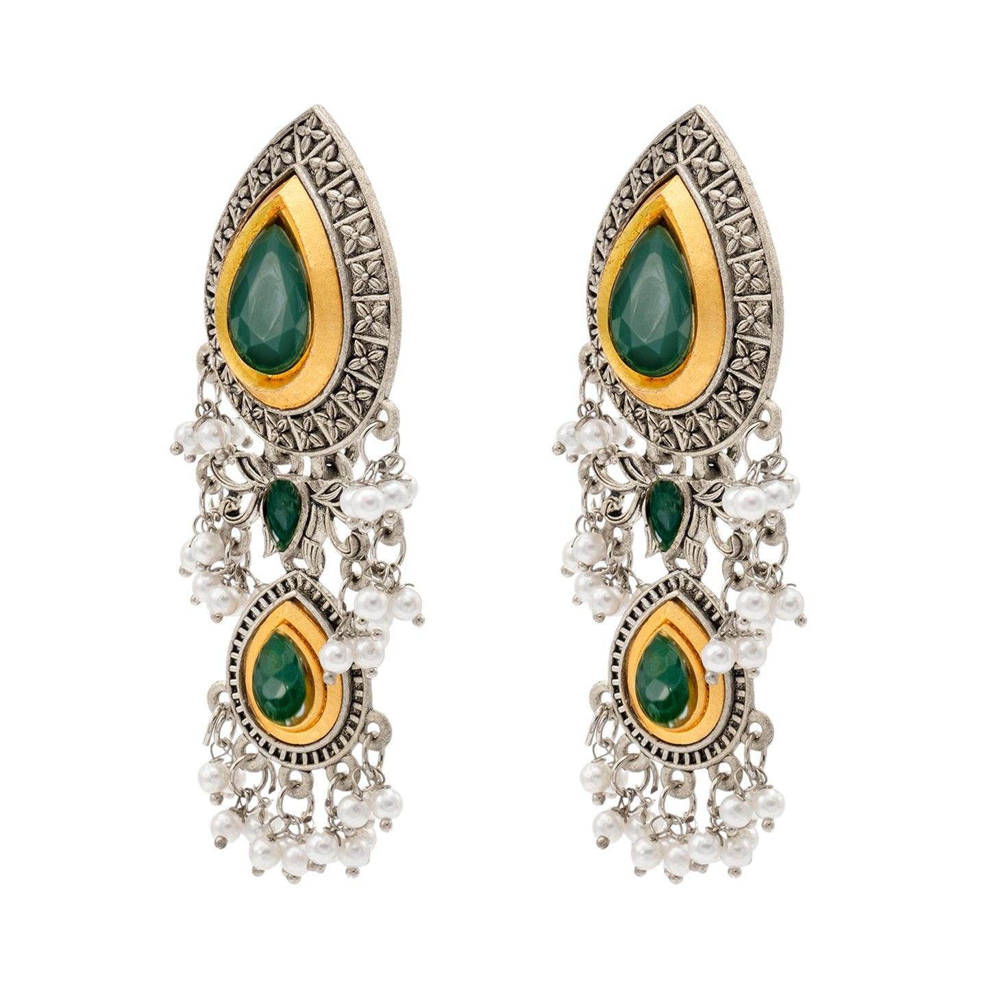 Shining Jewel Traditional Indian Matte Antique Oxidised Silver CZ, Crystal Studded Drop Earring For Women - Green (SJE_228_G)