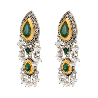 Shining Jewel Traditional Indian Matte Antique Oxidised Silver CZ, Crystal Studded Drop Earring For Women - Green (SJE_228_G)