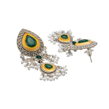 Shining Jewel Traditional Indian Matte Antique Oxidised Silver CZ, Crystal Studded Drop Earring For Women - Green (SJE_228_G)