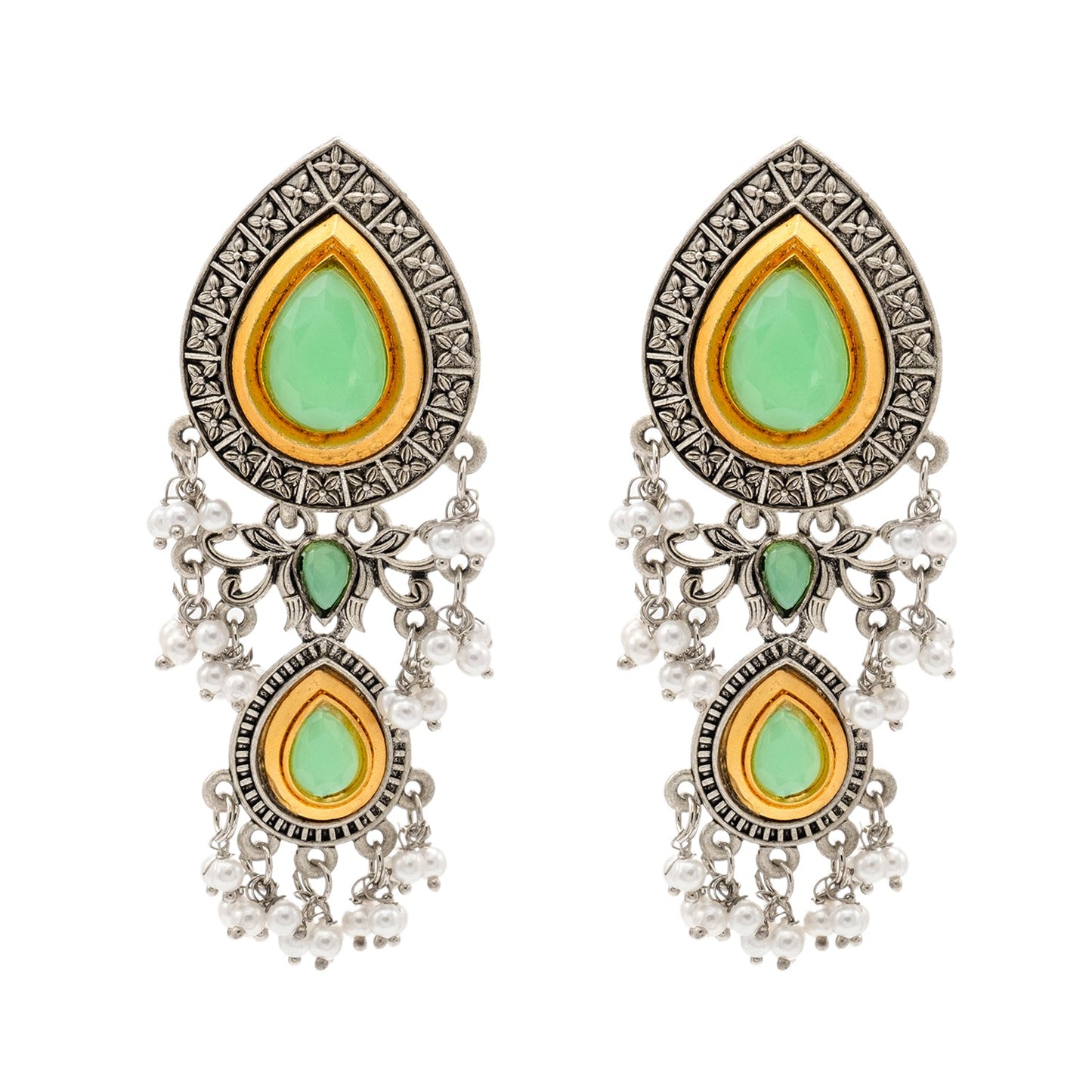 Shining Jewel Traditional Indian Matte Antique Oxidised Silver CZ, Crystal Studded Drop Earring For Women - Light Green (SJE_228_LG)