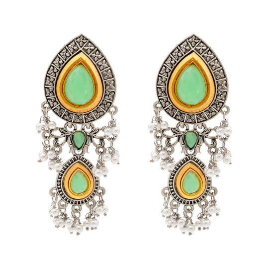 Shining Jewel Traditional Indian Matte Antique Oxidised Silver CZ, Crystal Studded Drop Earring For Women - Light Green (SJE_228_LG)