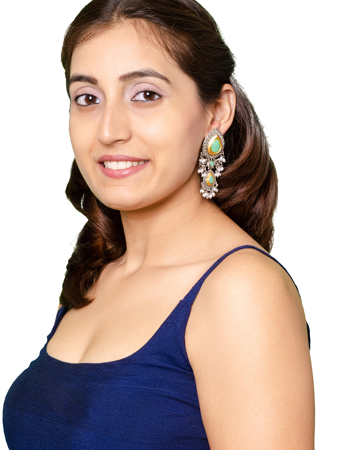 Shining Jewel Traditional Indian Matte Antique Oxidised Silver CZ, Crystal Studded Drop Earring For Women - Light Green (SJE_228_LG)