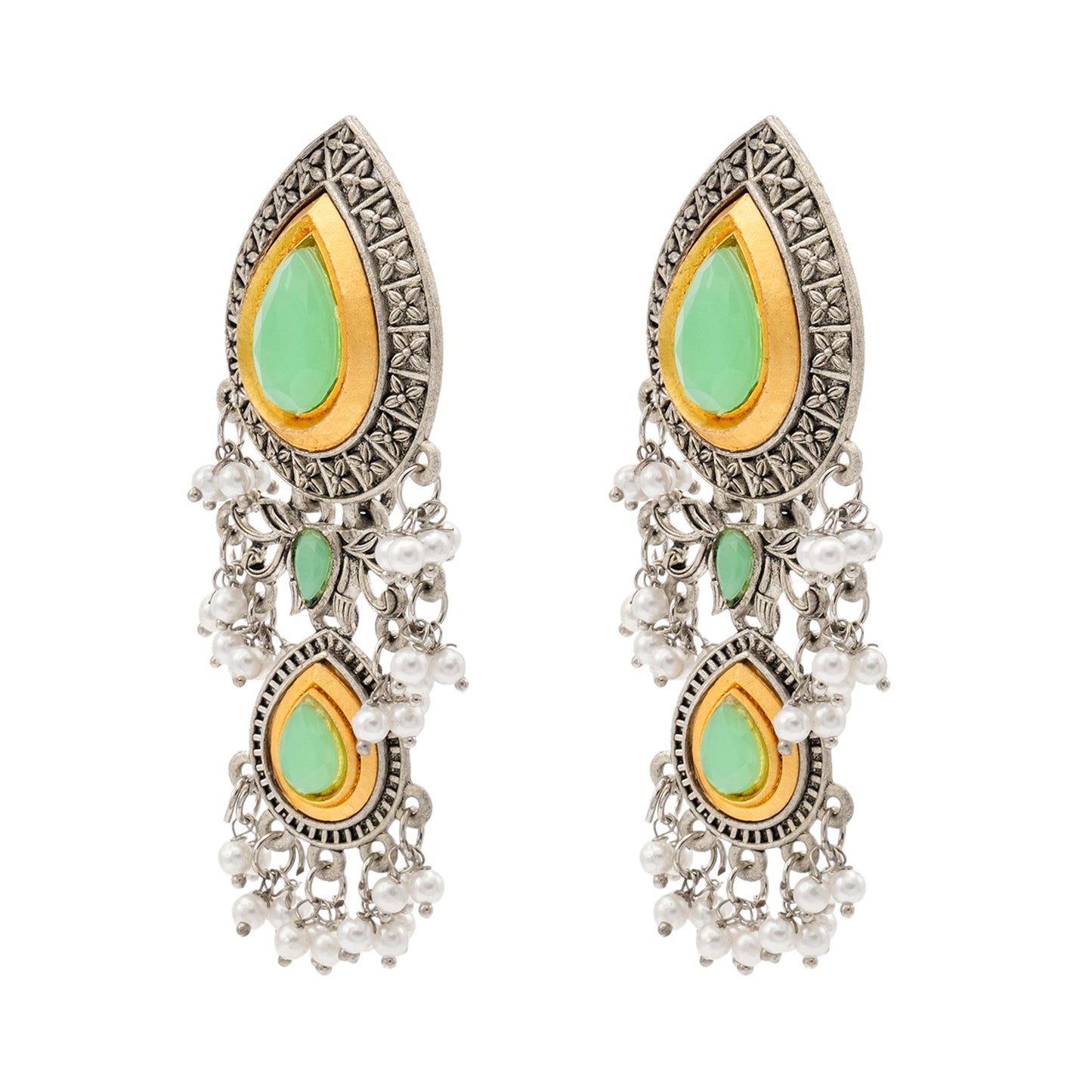 Shining Jewel Traditional Indian Matte Antique Oxidised Silver CZ, Crystal Studded Drop Earring For Women - Light Green (SJE_228_LG)