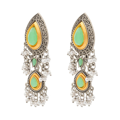 Shining Jewel Traditional Indian Matte Antique Oxidised Silver CZ, Crystal Studded Drop Earring For Women - Light Green (SJE_228_LG)