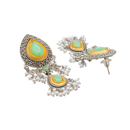 Shining Jewel Traditional Indian Matte Antique Oxidised Silver CZ, Crystal Studded Drop Earring For Women - Light Green (SJE_228_LG)