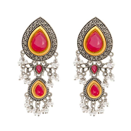 Shining Jewel Traditional Indian Matte Antique Oxidised Silver CZ, Crystal Studded Drop Earring For Women - Maroon (SJE_228_M)