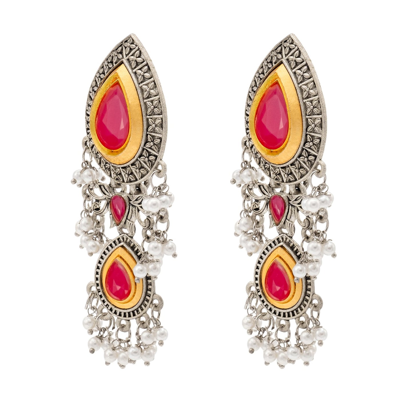 Shining Jewel Traditional Indian Matte Antique Oxidised Silver CZ, Crystal Studded Drop Earring For Women - Maroon (SJE_228_M)