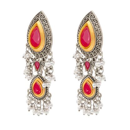 Shining Jewel Traditional Indian Matte Antique Oxidised Silver CZ, Crystal Studded Drop Earring For Women - Maroon (SJE_228_M)