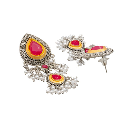 Shining Jewel Traditional Indian Matte Antique Oxidised Silver CZ, Crystal Studded Drop Earring For Women - Maroon (SJE_228_M)