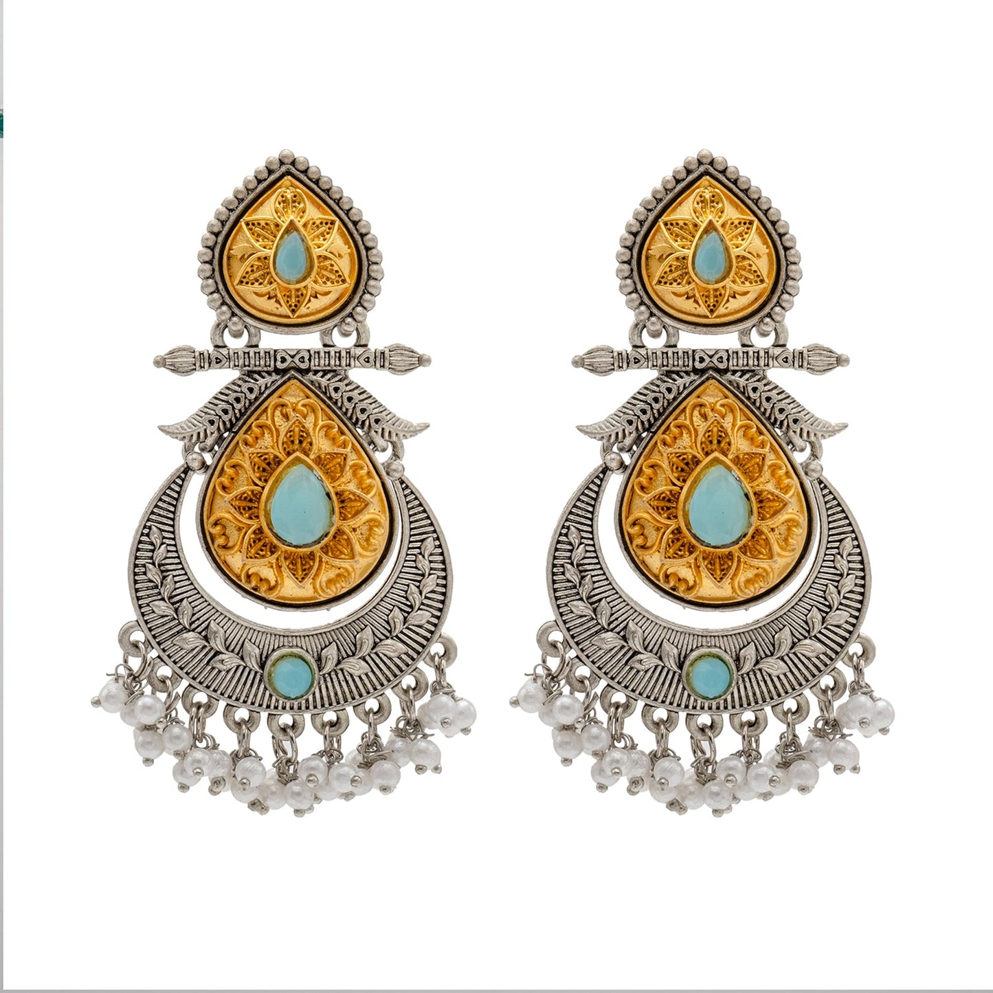 Shining Jewel Traditional Indian Matte Antique Oxidised Silver CZ, Crystal Studded Drop Earring For Women - Turquoise (SJE_229_AQ)
