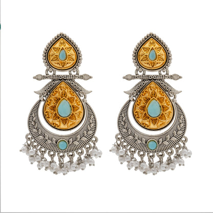Shining Jewel Traditional Indian Matte Antique Oxidised Silver CZ, Crystal Studded Drop Earring For Women - Turquoise (SJE_229_AQ)