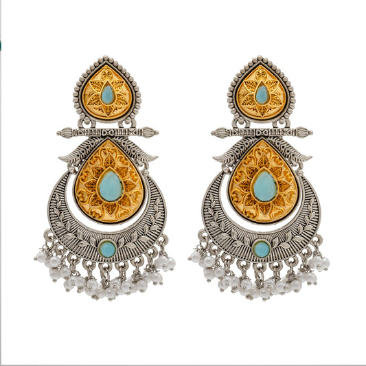Shining Jewel Traditional Indian Matte Antique Oxidised Silver CZ, Crystal Studded Drop Earring For Women - Turquoise (SJE_229_AQ)