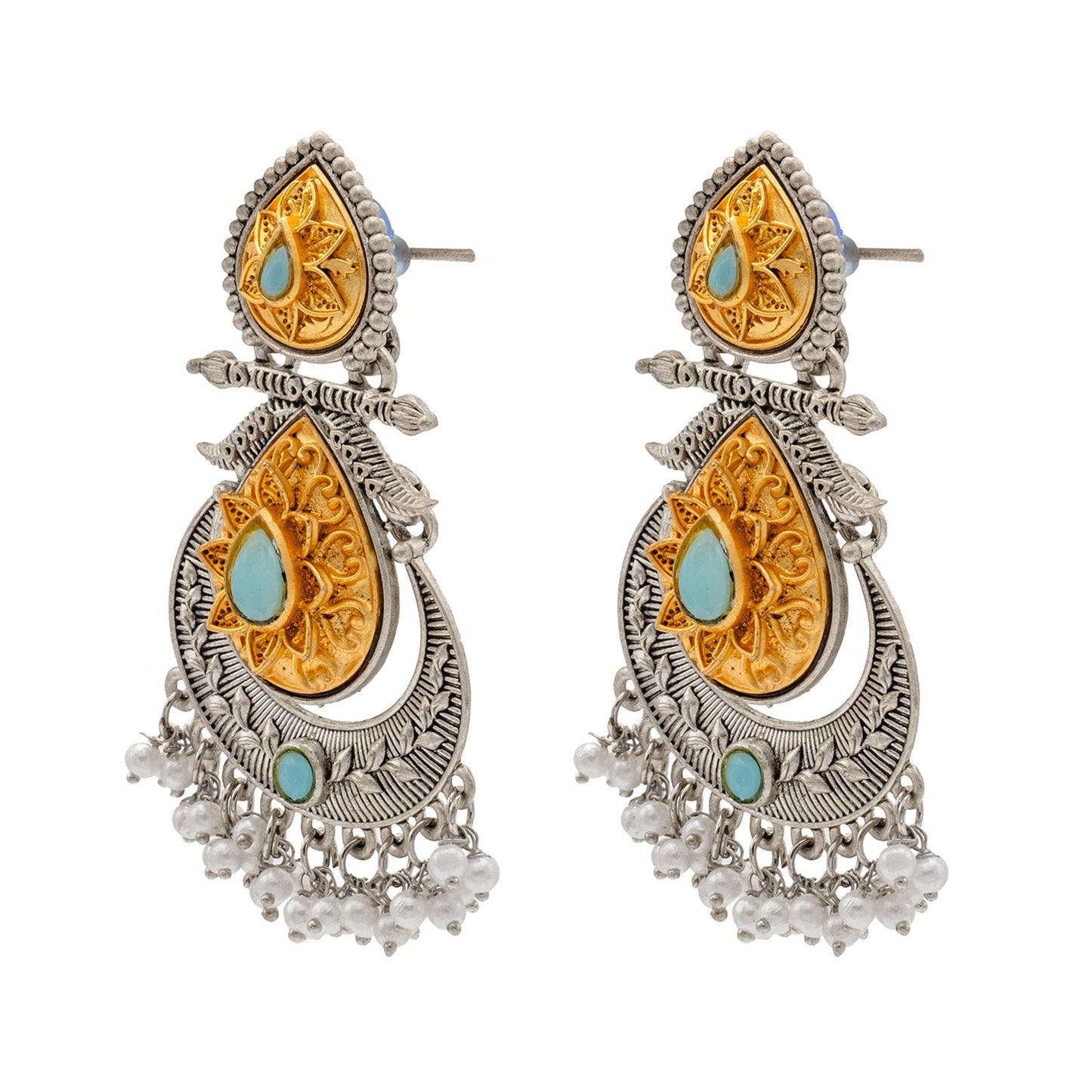 Shining Jewel Traditional Indian Matte Antique Oxidised Silver CZ, Crystal Studded Drop Earring For Women - Turquoise (SJE_229_AQ)