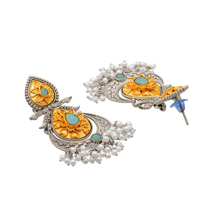 Shining Jewel Traditional Indian Matte Antique Oxidised Silver CZ, Crystal Studded Drop Earring For Women - Turquoise (SJE_229_AQ)