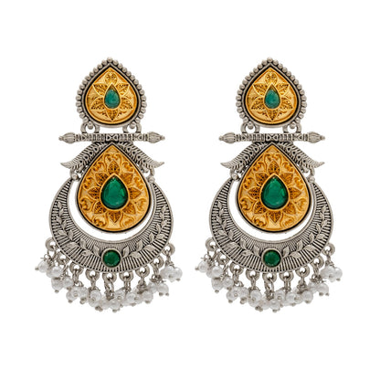 Shining Jewel Traditional Indian Matte Antique Oxidised Silver CZ, Crystal Studded Drop Earring For Women - Green (SJE_229_G)