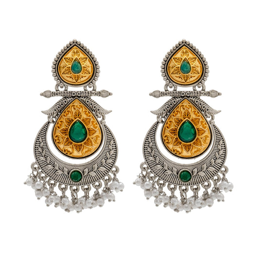 Shining Jewel Traditional Indian Matte Antique Oxidised Silver CZ, Crystal Studded Drop Earring For Women - Green (SJE_229_G)