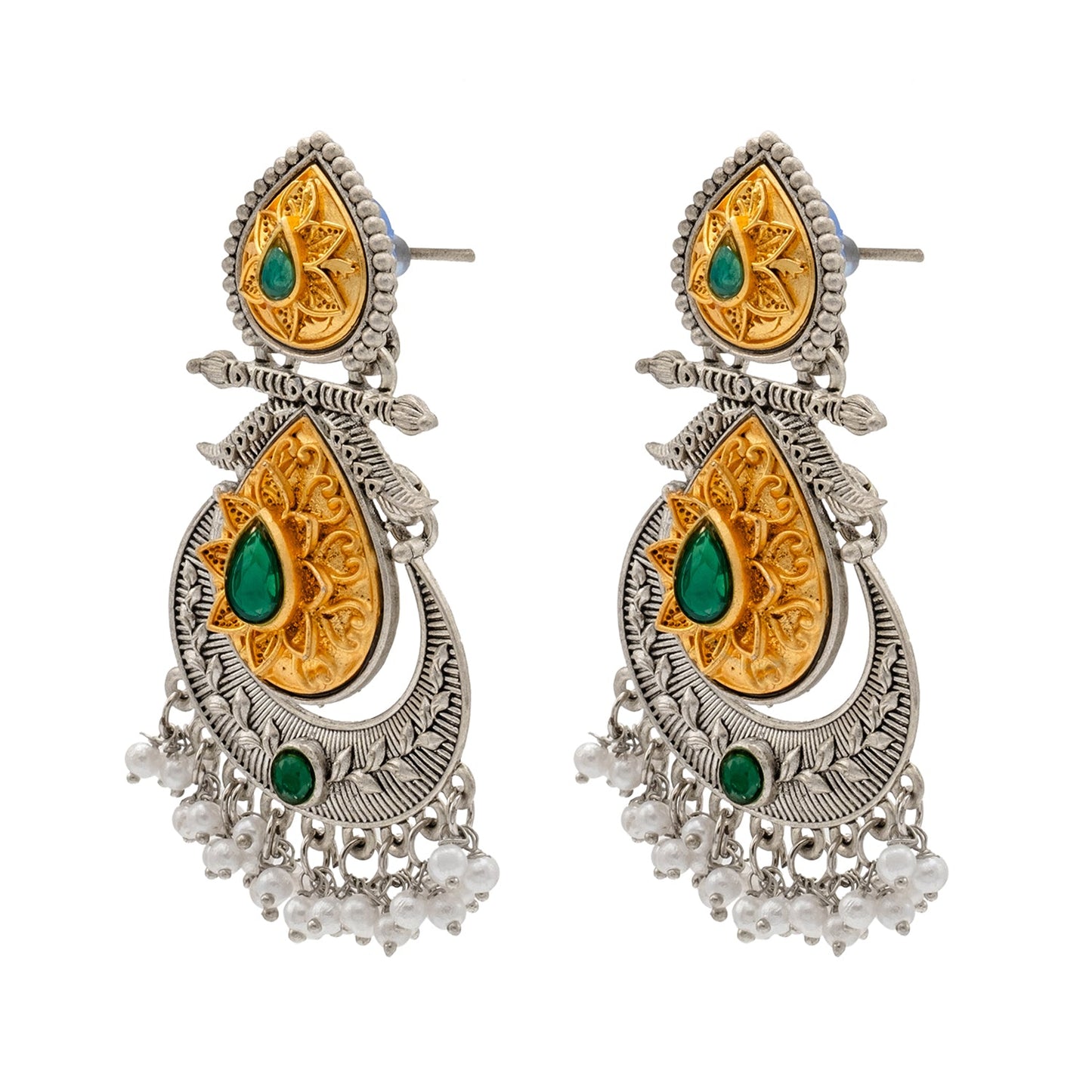 Shining Jewel Traditional Indian Matte Antique Oxidised Silver CZ, Crystal Studded Drop Earring For Women - Green (SJE_229_G)