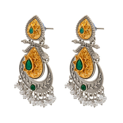 Shining Jewel Traditional Indian Matte Antique Oxidised Silver CZ, Crystal Studded Drop Earring For Women - Green (SJE_229_G)