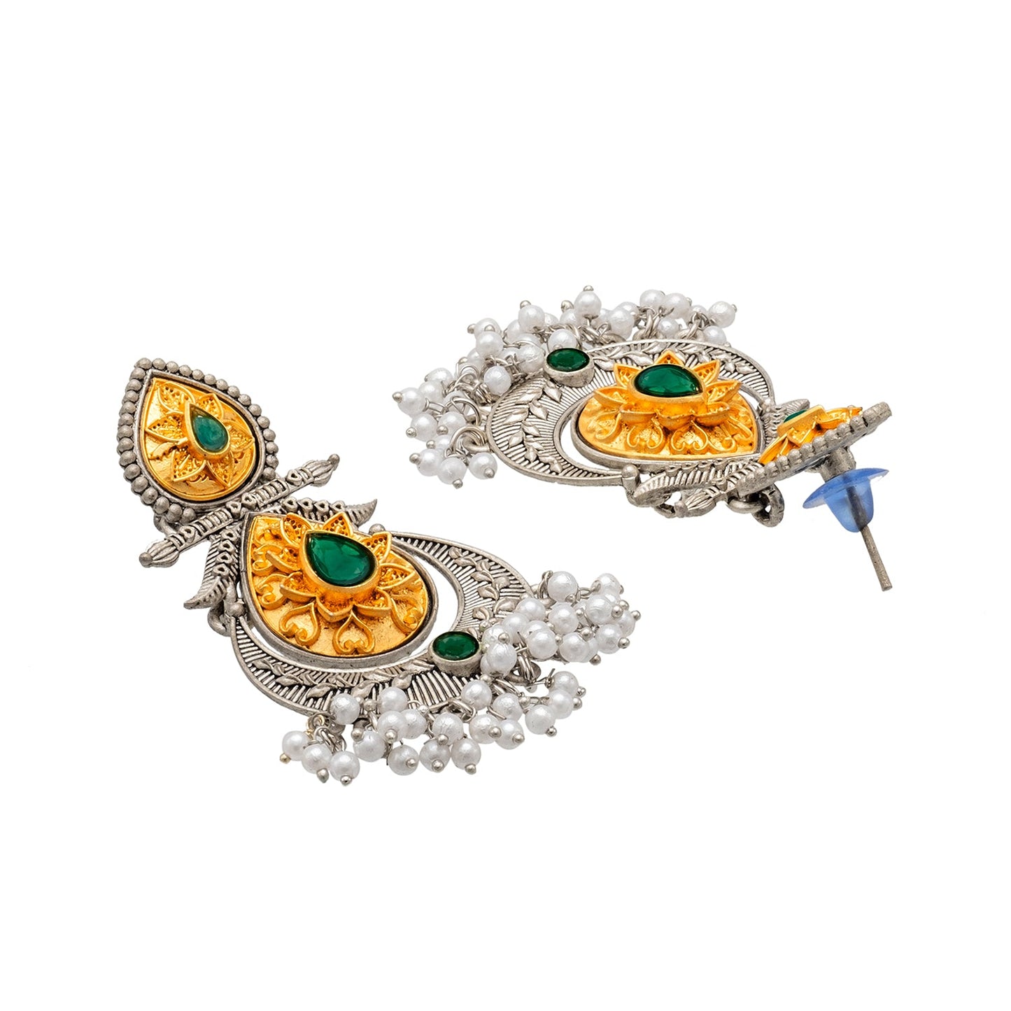 Shining Jewel Traditional Indian Matte Antique Oxidised Silver CZ, Crystal Studded Drop Earring For Women - Green (SJE_229_G)