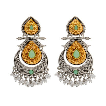 Shining Jewel Traditional Indian Matte Antique Oxidised Silver CZ, Crystal Studded Drop Earring For Women - Light Green (SJE_229_LG)