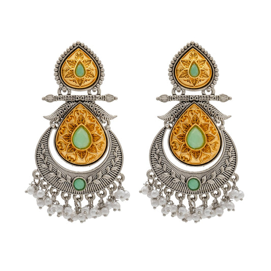 Shining Jewel Traditional Indian Matte Antique Oxidised Silver CZ, Crystal Studded Drop Earring For Women - Light Green (SJE_229_LG)