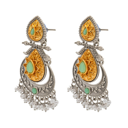 Shining Jewel Traditional Indian Matte Antique Oxidised Silver CZ, Crystal Studded Drop Earring For Women - Light Green (SJE_229_LG)