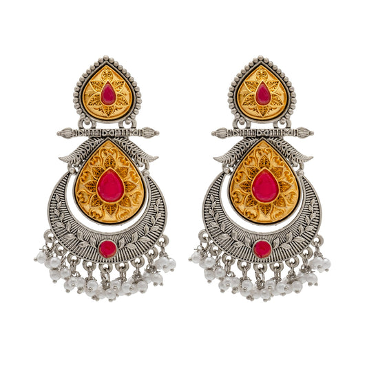 Shining Jewel Traditional Indian Matte Antique Oxidised Silver CZ, Crystal Studded Drop Earring For Women - Maroon (SJE_229_M)